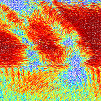 A vector map of the measured deflections of an atomic-sized electron beam scanned across different polar domains in the ferroelectric bismuth ferrite.