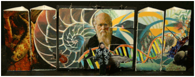 A focal point of the play is an evolving mural, painted by a professional artist. Reaching a size of 28 feet wide and 10 feet high, the mural is made up of sections that move and change as the play progresses. This image is a scale mock-up of what the final mural might look like. A focal point of the play is an evolving mural, painted by a professional artist. Reaching a size of 28 feet wide and 10 feet high, the mural is made up of sections that move and change as the play progresses. This image is a scale mock-up of what the final mural might look like.