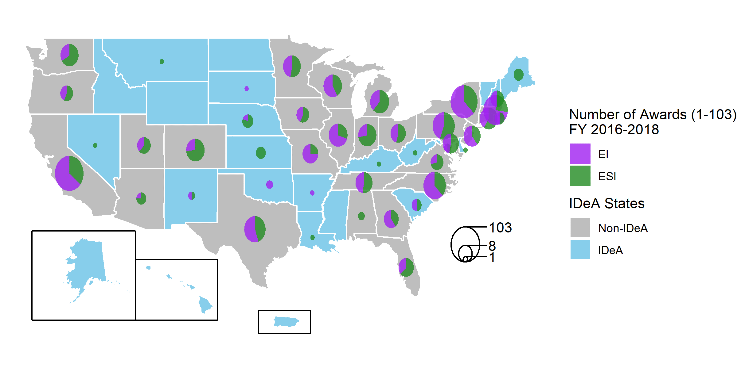 Figure 1: ESI vs. EI MIRA Awards by State or U.S. Territory This is a map of the United States and Puerto Rico. IDeA states are shown in one color and all other regions in another. Each state and Puerto Rico has a pie chart whose overall size indicates the number of MIRA awards in that region. Each pie chart shows the fraction of MIRA awards in that region going to Early-Stage Investigators compared to Established Investigators. The distribution of MIRA awards is comparable to recent trends in the distribution of R01 awards, with the most number of awards going to California (103 awards), New York (78 awards), and Massachusetts (52 awards) with all other states receiving 37 or fewer awards.