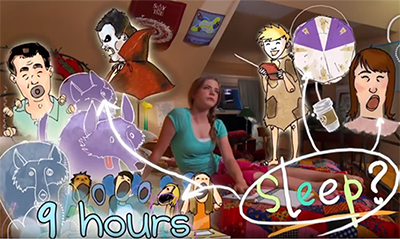 Teenage girl sitting in bed surrounded by animated examples showing the benefits of 9 hours of sleep and the possible consequences of lack of sleep.