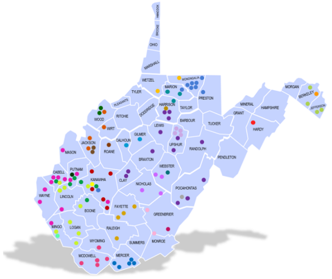 A map showing the counties of West Virginia with 107 dots spread across them.