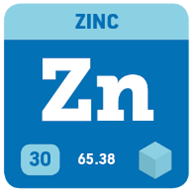 A square showing zinc’s abbreviation (Zn), atomic number (30), and atomic weight (65.38).