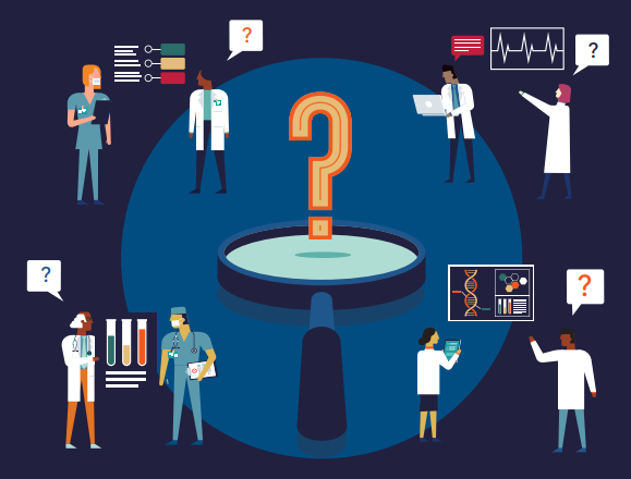 Cartoon scientists working together to answer research questions around a large magnifying glass with a question mark in the middle.